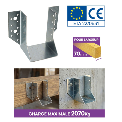 10 Sabots de charpente à ailes extérieures Connecteurs de poutres - Acier galvanisé - Larg 70 x Ht 127 mm - Fabriqué en Europe