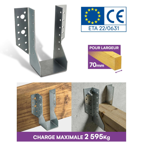 10 Sabots de charpente à ailes extérieures Connecteurs de poutres - Acier galvanisé - Larg 70 x Ht 157 mm - Fabriqué en Europe