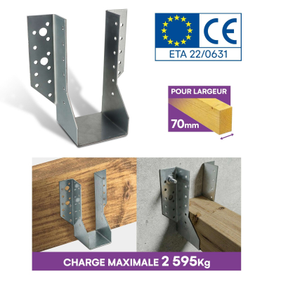 10 Sabots de charpente à ailes extérieures Connecteurs de poutres - Acier galvanisé - Larg 70 x Ht 157 mm - Fabriqué en Europe