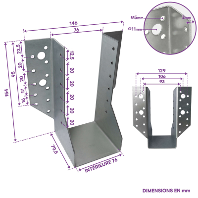 10 Sabots de charpente à ailes extérieures Connecteurs de poutres - Acier galvanisé - Larg 76 x Ht 154 mm - Fabriqué en Europe 2