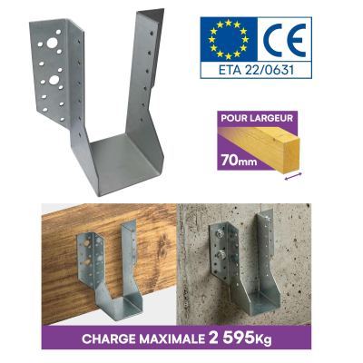 10 Sabots de charpente à ailes extérieures Connecteurs de poutres - Acier galvanisé - Larg 76 x Ht 154 mm - Fabriqué en Europe