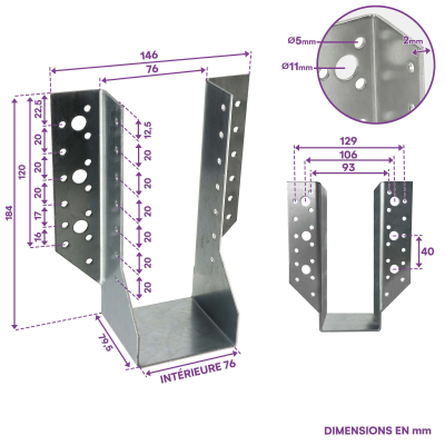 10 Sabots de charpente à ailes extérieures Connecteurs de poutres - Acier galvanisé - Larg 76 x Ht 184 mm - Fabriqué en Europe
