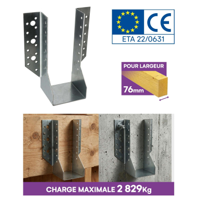 10 Sabots de charpente à ailes extérieures Connecteurs de poutres - Acier galvanisé - Larg 76 x Ht 184 mm - Fabriqué en Europe