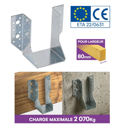 10 Sabots de charpente à ailes extérieures Connecteurs de poutres - Acier galvanisé - Larg 80 x Ht 122 mm - Fabriqué en Europe