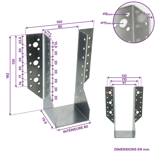 10 Sabots de charpente à ailes extérieures Connecteurs de poutres - Acier galvanisé - Larg 80 x Ht 182 mm - Fabriqué en Europe