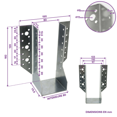10 Sabots de charpente à ailes extérieures Connecteurs de poutres - Acier galvanisé - Larg 80 x Ht 182 mm - Fabriqué en Europe