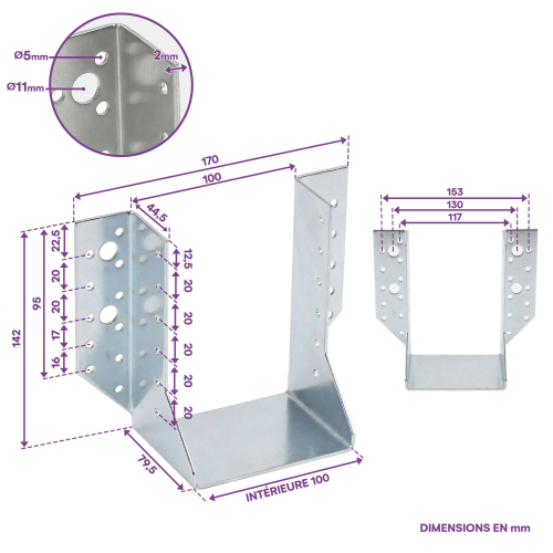 10 Sabots de charpente à ailes extérieures Connecteurs de poutres - Acier galvanisé - Larg 100 x Ht 142 mm - Fabriqué en Europe
