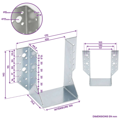 10 Sabots de charpente à ailes extérieures Connecteurs de poutres - Acier galvanisé - Larg 100 x Ht 142 mm - Fabriqué en Europe