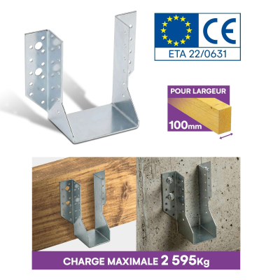 10 Sabots de charpente à ailes extérieures Connecteurs de poutres - Acier galvanisé - Larg 100 x Ht 142 mm - Fabriqué en Europe