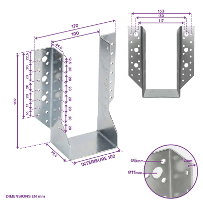 10 Sabots de charpente à ailes extérieures Connecteurs de poutres - Acier galvanisé - Larg 100 x Ht 202 mm - Fabriqué en Europe 2