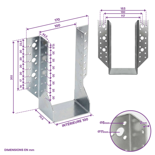 10 Sabots de charpente à ailes extérieures Connecteurs de poutres - Acier galvanisé - Larg 100 x Ht 202 mm - Fabriqué en Europe