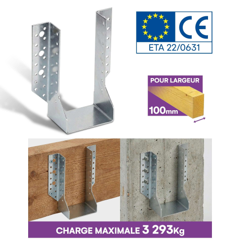 10 Sabots de charpente à ailes extérieures Connecteurs de poutres - Acier galvanisé - Larg 100 x Ht 202 mm - Fabriqué en Europe