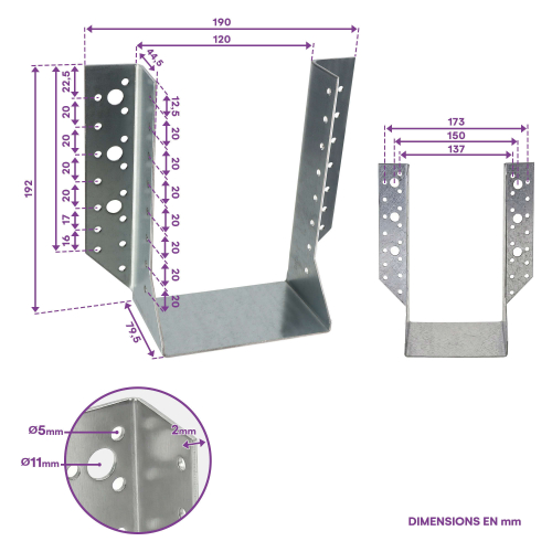 10 Sabots de charpente à ailes extérieures Connecteurs de poutres - Acier galvanisé - Larg 120 x Ht 192 mm - Fabriqué en Europe