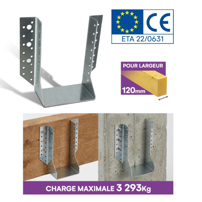 10 Sabots de charpente à ailes extérieures Connecteurs de poutres - Acier galvanisé - Larg 120 x Ht 192 mm - Fabriqué en Europe