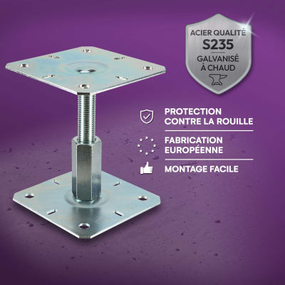 4 embases pieds de poteau réglables - Platine 100x100mm - Ht100 à 150mm - M20 - Acier galvanisé à chaud - Fabrication Européenne