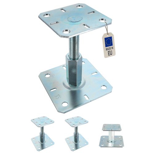 4 embases pieds de poteau réglables par vis - Platine 100mm - Base 130 mm - M20 - Acier galvanisé à chaud  - Fabrication Europe