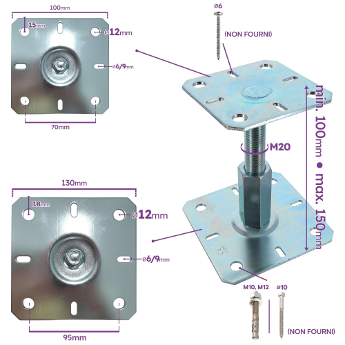 4 embases pieds de poteau réglables par vis - Platine 100mm - Base 130 mm - M20 - Acier galvanisé à chaud  - Fabrication Europe