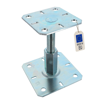 4 embases pieds de poteau réglables par vis - Platine 100mm - Base 130 mm - M20 - Acier galvanisé à chaud  - Fabrication Europe