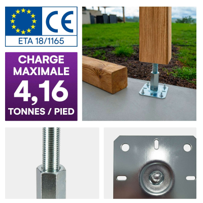 4 embases pieds de poteau réglables par vis - Platine 100mm - Base 130 mm - M20 - Acier galvanisé à chaud  - Fabrication Europe