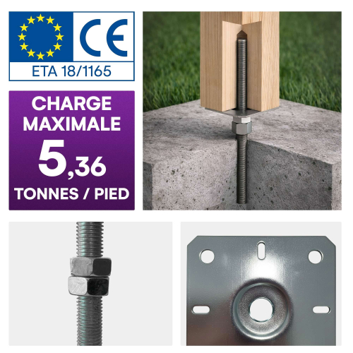 4 Embases Pied de poteau carré réglable - à ancrer - Platine 80x80 mm - M20 - Acier galvanisé - Fabrication Europe