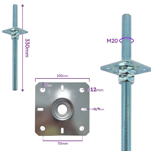4 Embases Pied de poteau carré réglable - à ancrer - Platine 100x100 mm - M20 - Acier galvanisé - Fabrication Europe