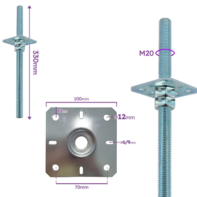 4 Embases Pied de poteau carré réglable - à ancrer - Platine 100x100 mm - M20 - Acier galvanisé - Fabrication Europe