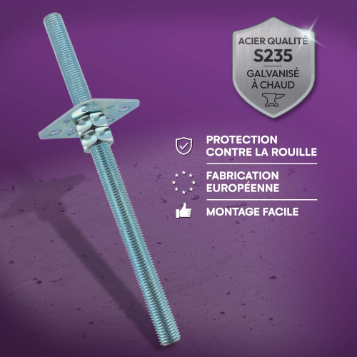 4 Embases Pied de poteau carré réglable - à ancrer - Platine 100x100 mm - M20 - Acier galvanisé - Fabrication Europe