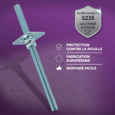 4 Embases Pied de poteau carré réglable - à ancrer - Platine 100x100 mm - M20 - Acier galvanisé - Fabrication Europe