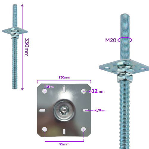 4 Embases Pied de poteau carré réglable - à ancrer - Platine 130x130 mm - M20 - Acier galvanisé - Fabrication Europe