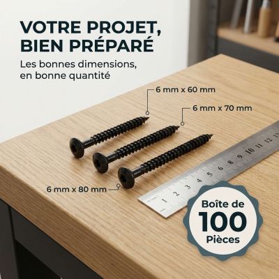 Vis bois penture Torx 6 x 60 mm Zinguée noire - Boite de 100 pcs 2