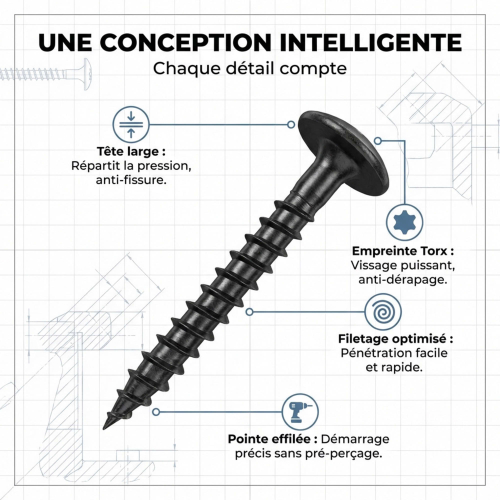 Vis bois penture Torx 6 x 60 mm Zinguée noire - Boite de 100 pcs