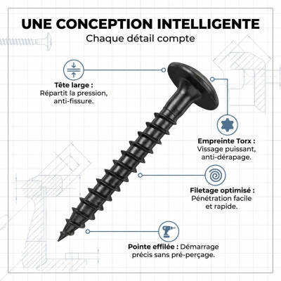 Vis bois penture Torx 6 x 60 mm Zinguée noire - Boite de 100 pcs