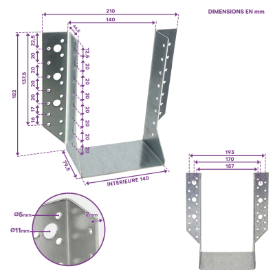 10 Sabots de charpente à ailes extérieures Connecteurs de poutres - Acier galvanisé - Larg 140 x Ht 182 mm - Fabriqué en Europe 2