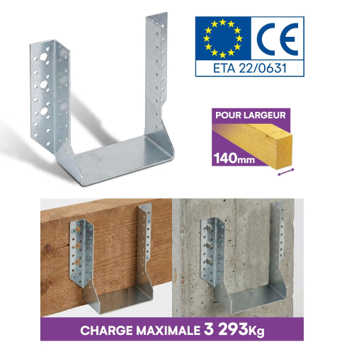10 Sabots de charpente à ailes extérieures Connecteurs de poutres - Acier galvanisé - Larg 140 x Ht 182 mm - Fabriqué en Europe