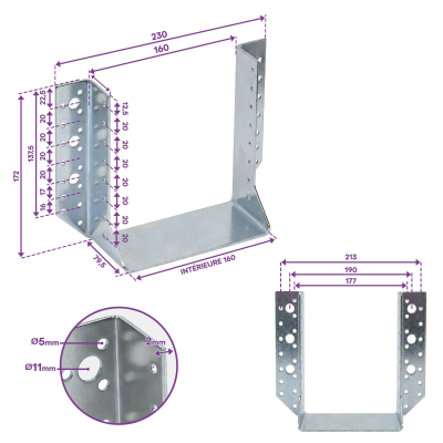 10 Sabots de charpente à ailes extérieures Connecteurs de poutres - Acier galvanisé - Larg 160 x Ht 172 mm - Fabriqué en Europe