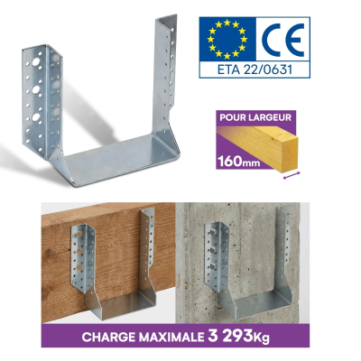 10 Sabots de charpente à ailes extérieures Connecteurs de poutres - Acier galvanisé - Larg 160 x Ht 172 mm - Fabriqué en Europe