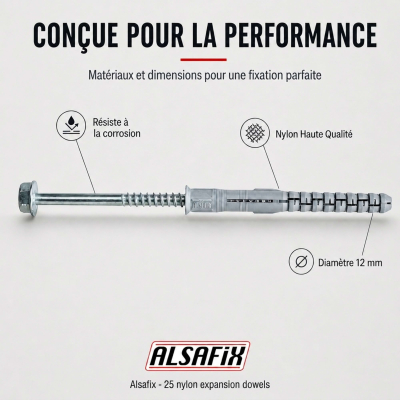 25 Chevilles À Expansion Nylon À Visser NFA D. 12 mm Tête Hexagonale - Alsafix