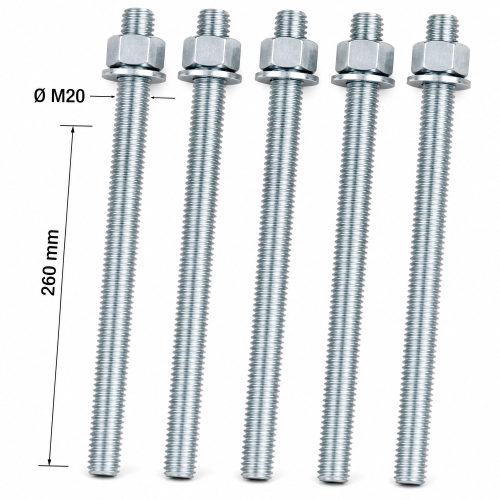 10 tiges filetées zinguées avec écrou et rondelle STD M20 x Lt. 260 mm - PO32190 - Alsafix