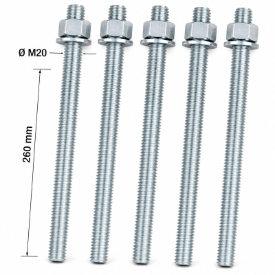 10 tiges filetées zinguées avec écrou et rondelle STD M20 x Lt. 260 mm - PO32190 - Alsafix