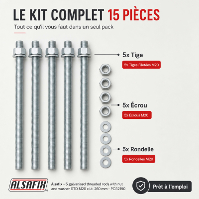 10 tiges filetées zinguées avec écrou et rondelle STD M20 x Lt. 260 mm - PO32190 - Alsafix