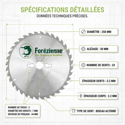 Lame Scie Circulaire Finition Carbure Denture Biseau Alterné Avec Limiteurs - Ø 250 x 30 mm - 24 dents - La Forézienne