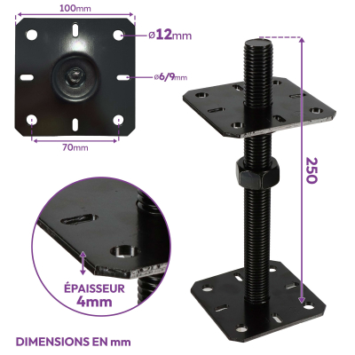 4 embases pied de poteau carrée réglable par vis - Platine 100x100mm - M24 - Acier galvanisé Noir - Fabrication Europe