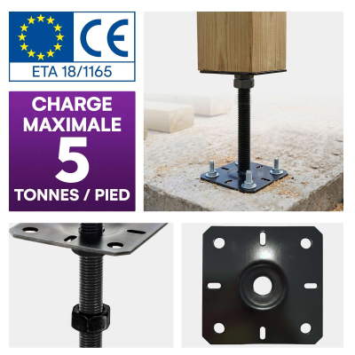 4 embases pied de poteau carrée réglable par vis - Platine 100x100mm - M24 - Acier galvanisé Noir - Fabrication Europe