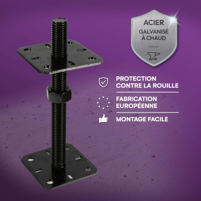 4 embases pied de poteau carrée réglable par vis - Platine 100x100mm - M24 - Acier galvanisé Noir - Fabrication Europe