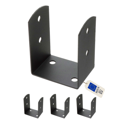 4 Embases pied de poteau à visser en U - Acier galvanisé à chaud Anthracite - Base 91x91 mm Ht 120 mm - Fabrication européenne