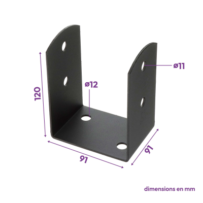 4 Embases pied de poteau à visser en U - Acier galvanisé à chaud Anthracite - Base 91x91 mm Ht 120 mm - Fabrication européenne