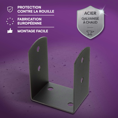 4 Embases pied de poteau à visser en U - Acier galvanisé à chaud Anthracite - Base 91x91 mm Ht 120 mm - Fabrication européenne