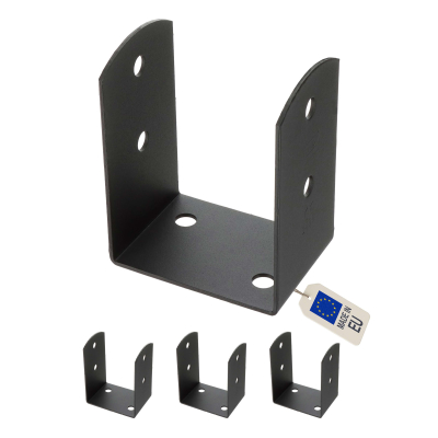 4 Embases pied de poteau à visser en U - Acier galvanisé à chaud Noir - Base 91x91 mm Ht 120 mm - Fabrication européenne