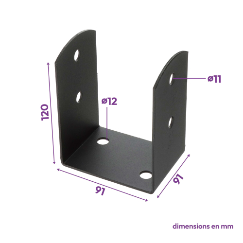 4 Embases pied de poteau à visser en U - Acier galvanisé à chaud Noir - Base 91x91 mm Ht 120 mm - Fabrication européenne