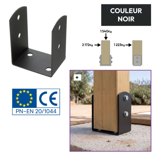 4 Embases pied de poteau à visser en U - Acier galvanisé à chaud Noir - Base 91x91 mm Ht 120 mm - Fabrication européenne